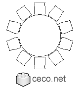 Autocad drawing big round dining table ten chairs dwg , in Furniture