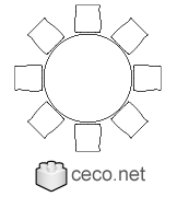 Autocad drawing circular dining table eight chairs dwg , in Furniture