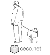 Autocad drawing Mature man walking his dog dwg dxf pets Puppy animal , in People Family & Groups