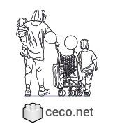 Autocad drawing mother with her son and daughter with a baby stroller , in People Family & Groups