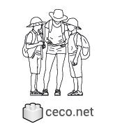 Autocad drawing mother with her two explorer sons front view dwg , in People Family & Groups
