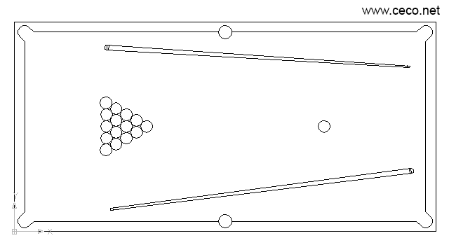 autocad drawing full size snooker table with cues and balls in Equipment