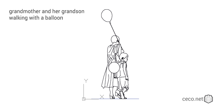 autocad drawing grandmother and her grandson walking with a balloon in People, Family & Groups