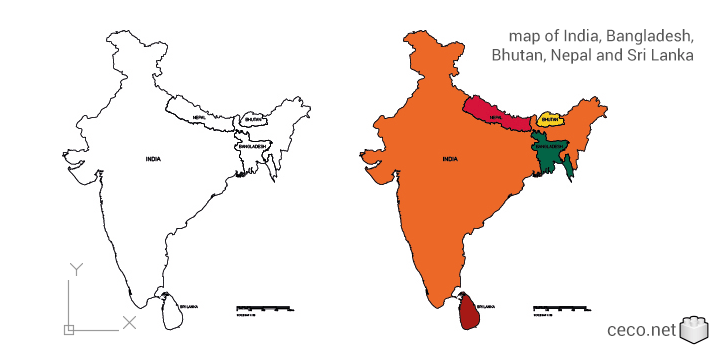 autocad drawing map of India , Bangladesh, Bhutan, Nepal and Sri Lanka in Symbols Signs Signals
