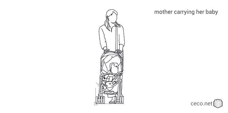 autocad drawing mother carrying her baby in a baby stroller in People, Family & Groups