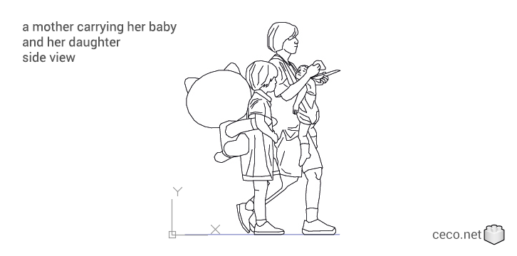 autocad drawing mother carrying her baby and daughter in People, Family & Groups