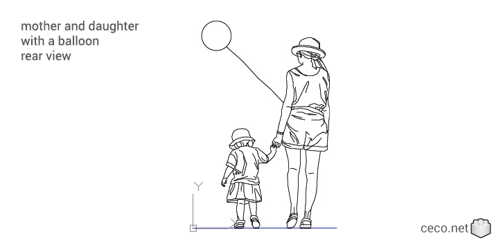 autocad drawing mother and daughter walking with a balloon rear view in People, Family & Groups