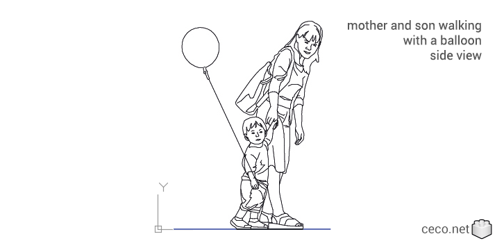 autocad drawing mother and her son walking with a balloon in People, Family & Groups
