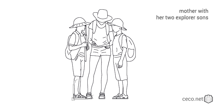 autocad drawing mother with her two explorer sons front view in People, Family & Groups