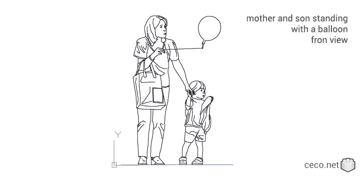 autocad drawing mother and son standing with a balloon in People, Family & Groups