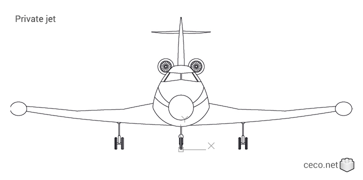autocad drawing Private jet front view in Vehicles, Aircrafts