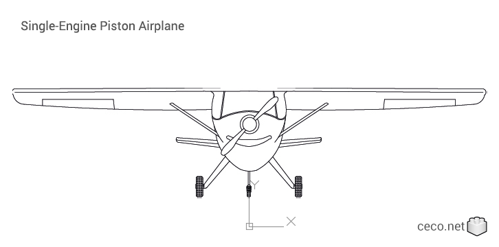 autocad drawing Single-Engine high wing Piston Airplane front view in Vehicles, Aircrafts