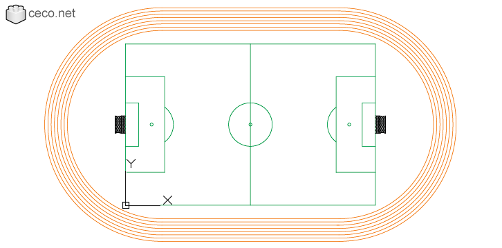 autocad drawing Soccer field with the running track in Equipment, Sports Gym Fitness