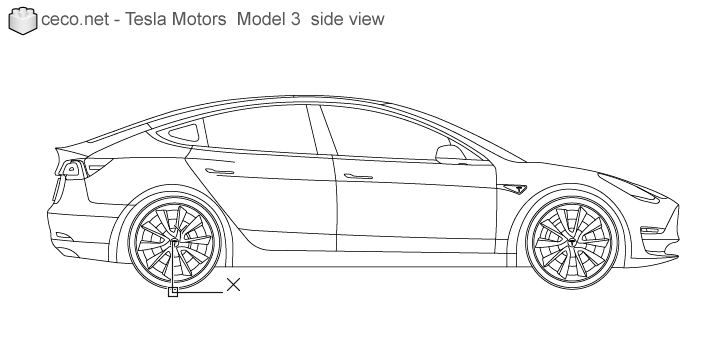 autocad drawing Tesla Model 3 electric car side in Vehicles, Cars
