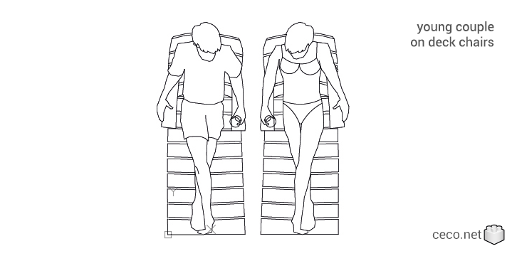 autocad drawing young couple sunbathing on deck chairs in People, Family & Groups