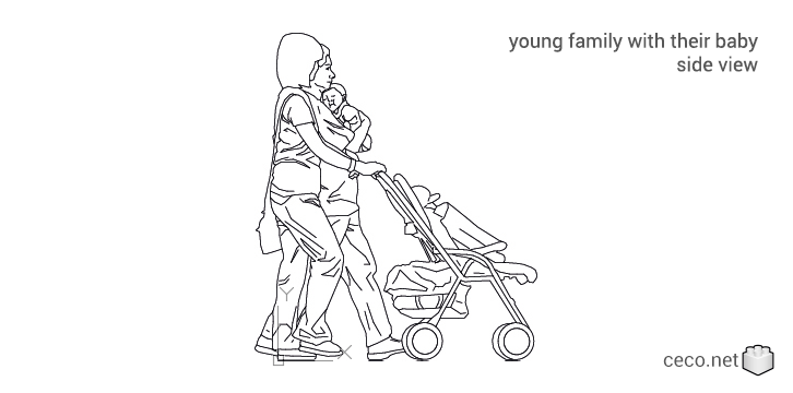 autocad drawing young family with their baby side view in People, Family & Groups